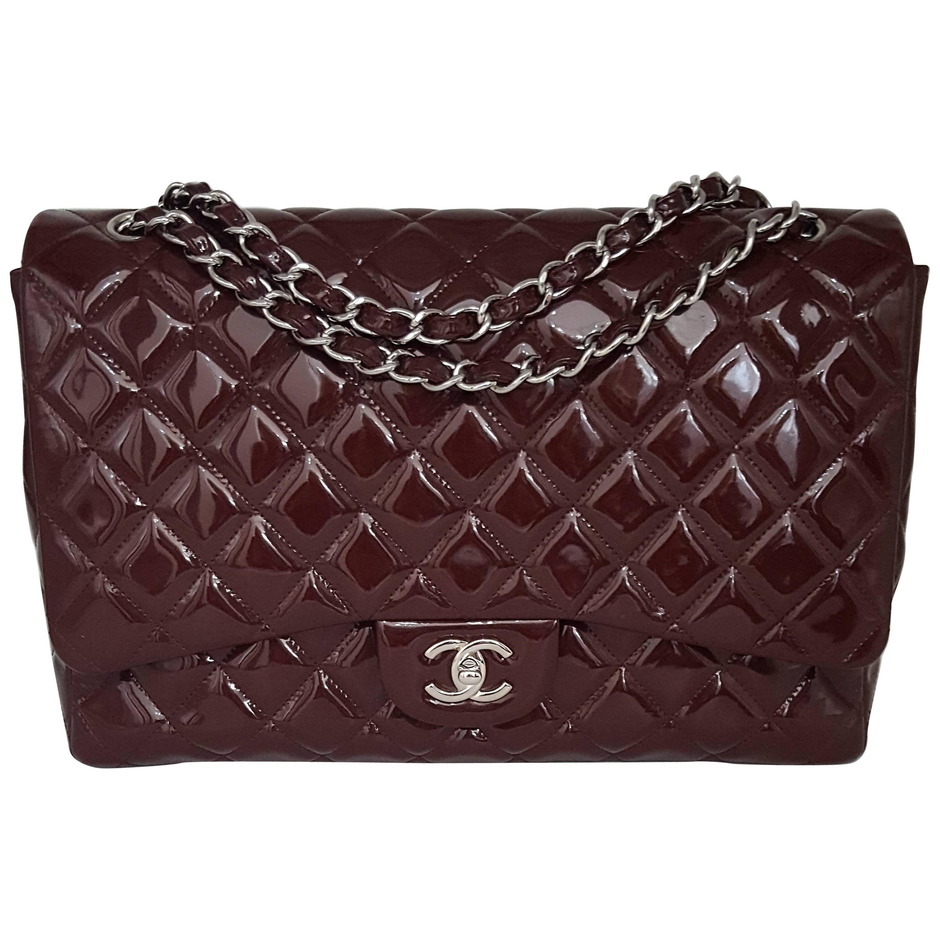 Chanel Bordeaux Patent XL Jumbo Single Flap With Silver Hardware 