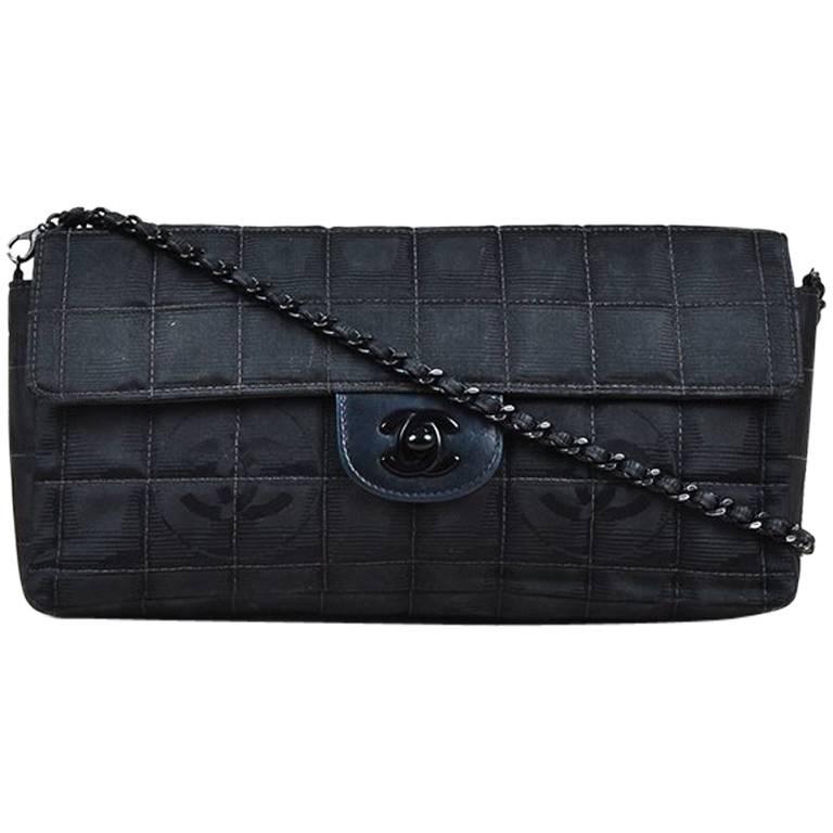 Chanel Black Quilted Nylon 'CC' Front Flap Chain Link Shoulder Bag For Sale