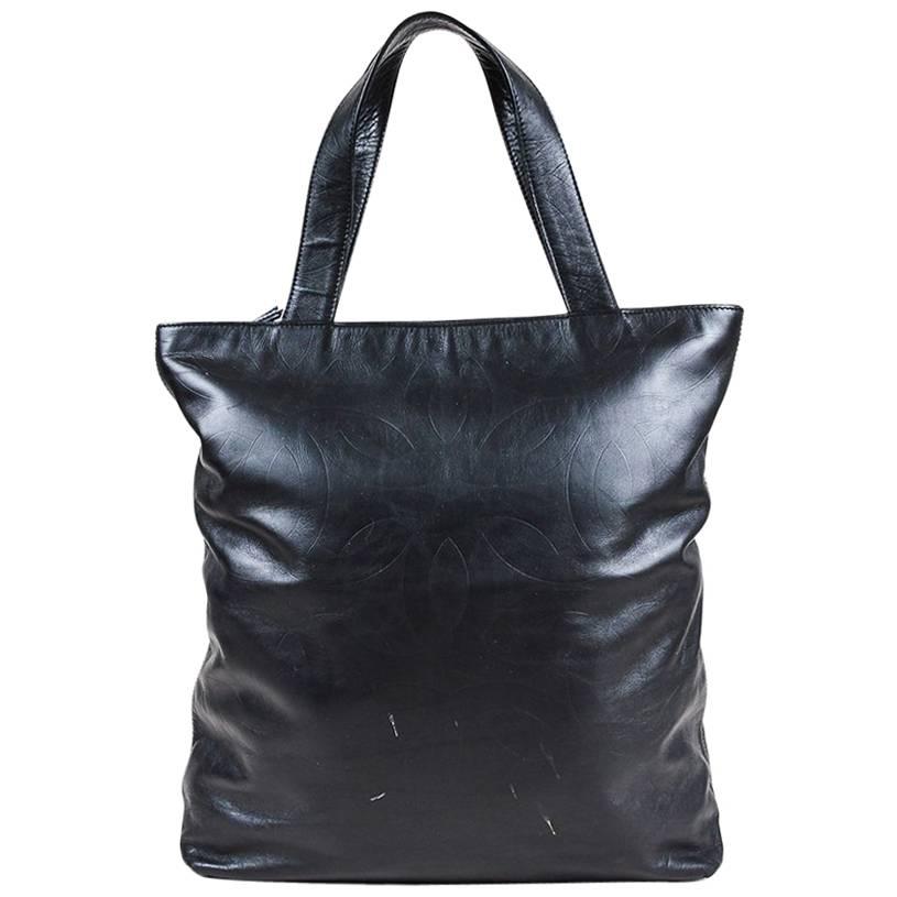 Vintage Chanel Black Lambskin Leather 'CC' Embossed Double Handle Tote Bag For Sale