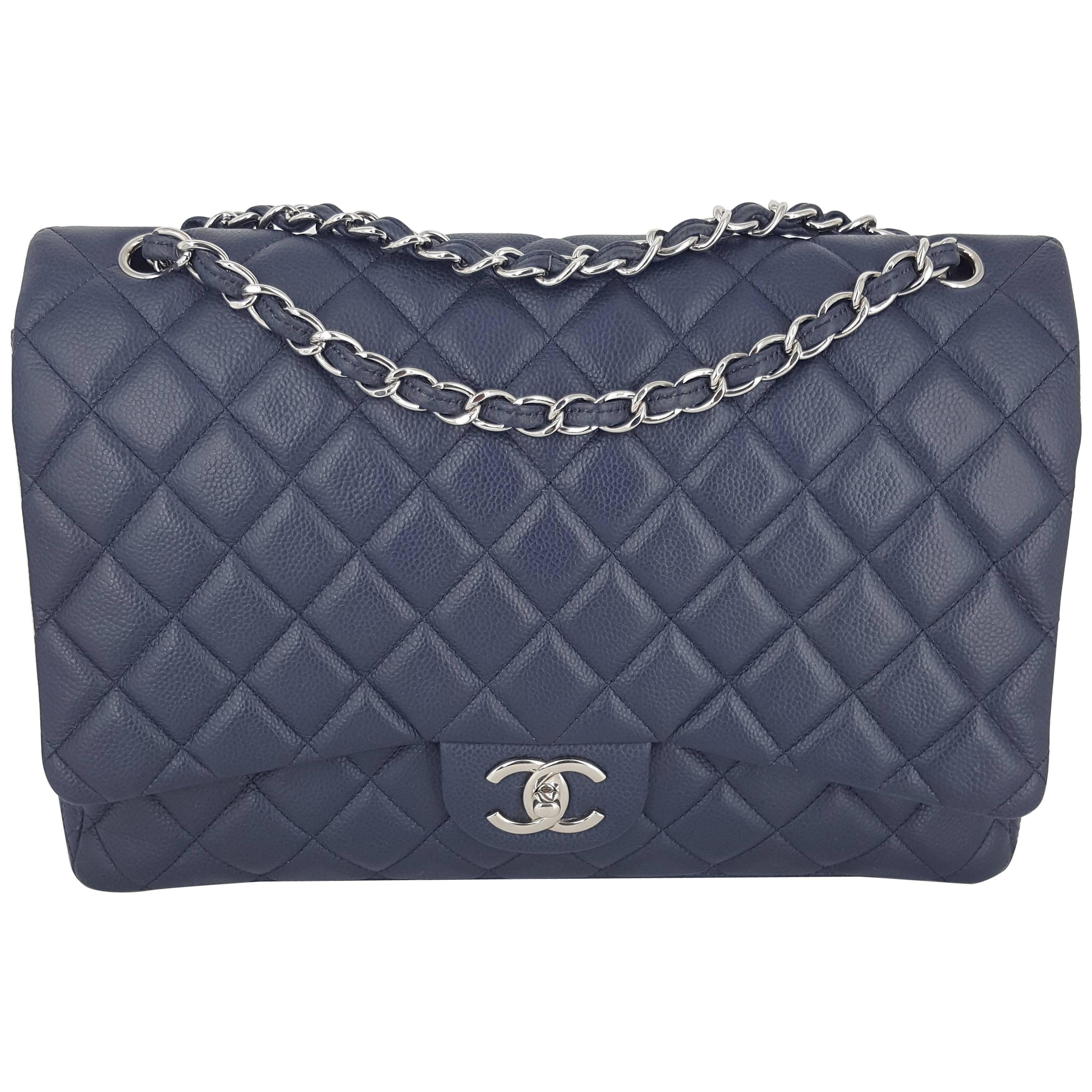 Chanel Navy Blue Caviar Maxi Double Flap With Silver Hardware