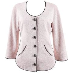 Vintage Chanel Pink Black Cotton Silk Woven Tie Back Button Short Jacket SZ 40