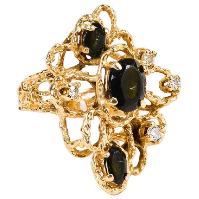 Vintage 14K Gold Green Tourmaline Diamond Filigree Cut Out Cocktail Ring  For Sale