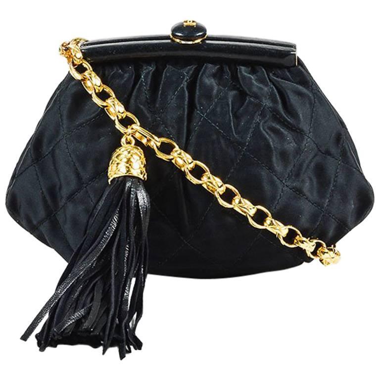 Chanel Vintage Black Satin Quilted Fringe Belt Bag For Sale at 1stDibs