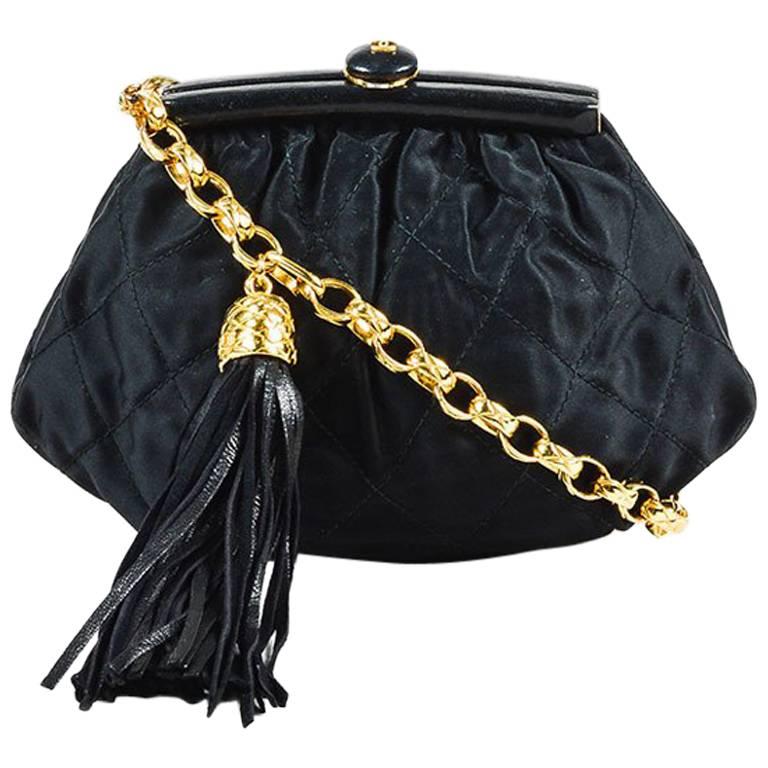 Chanel Vintage Black Satin Quilted Fringe Belt Bag For Sale