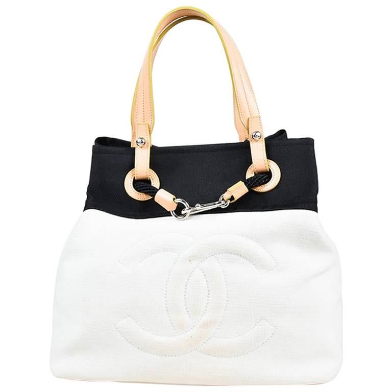 Chanel Cream Black Canvas Leather Handle Nautical Tie 'CC' Satchel Bag For Sale
