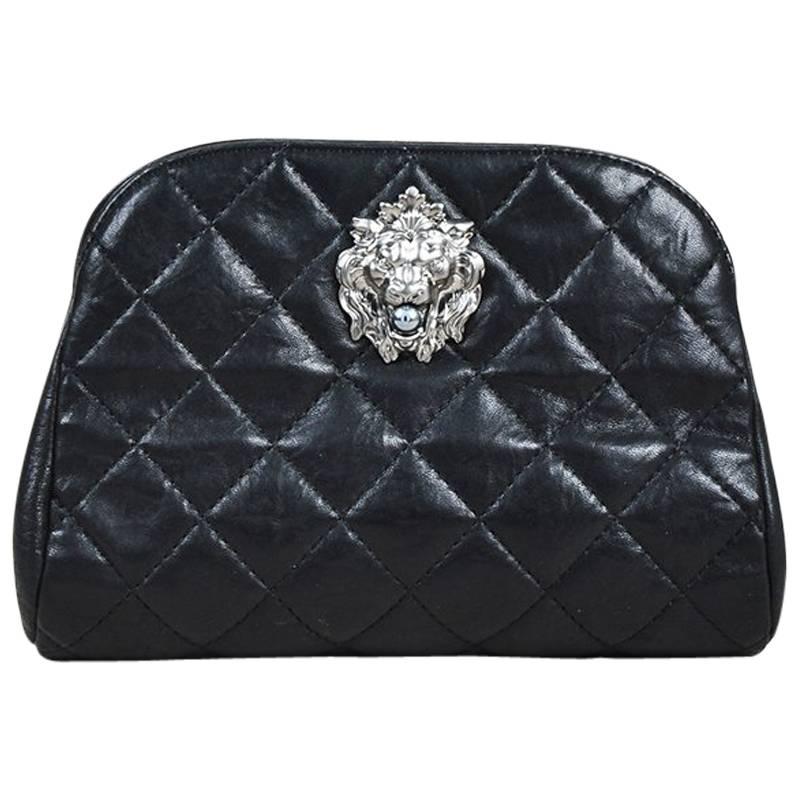 Chanel Spring 2011 Black Lambskin Quilted Lion Relief & 'CC' Pearl "Leo" Clutch For Sale