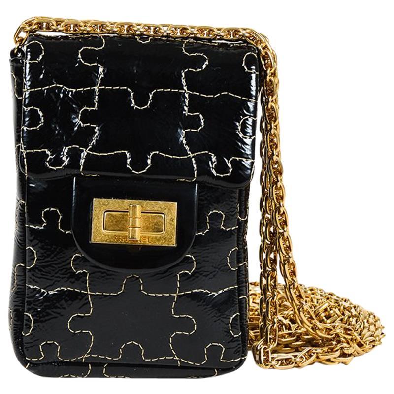 Chanel Black Patent Leather Puzzle Quilted Gold Tone Chain Link Crossbody Bag For Sale