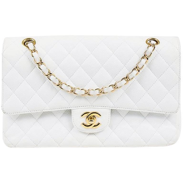 Chanel White Caviar Leather Quilted "Medium Classic Double Flap" Shoulder Bag For Sale