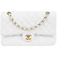 Chanel White Caviar Leather Quilted "Medium Classic Double Flap" Shoulder Bag