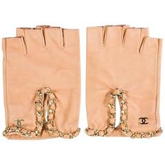 Chanel Tan Perforated Leather Chain Trim Fingerless Gloves SZ 8 9