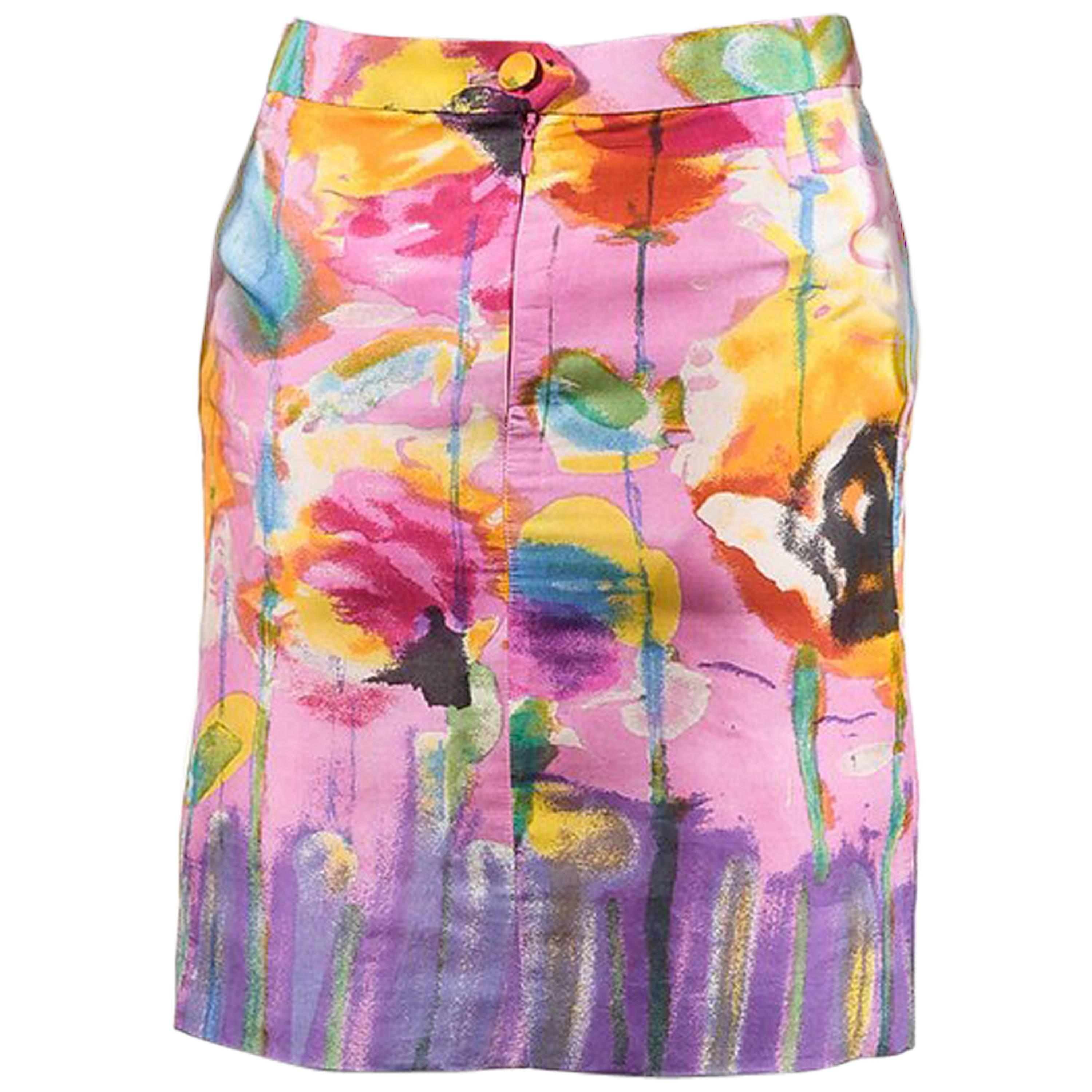 VINTAGE Christian Lacroix Pink Multicolor Silk Printed Pencil Skirt SZ 38 For Sale