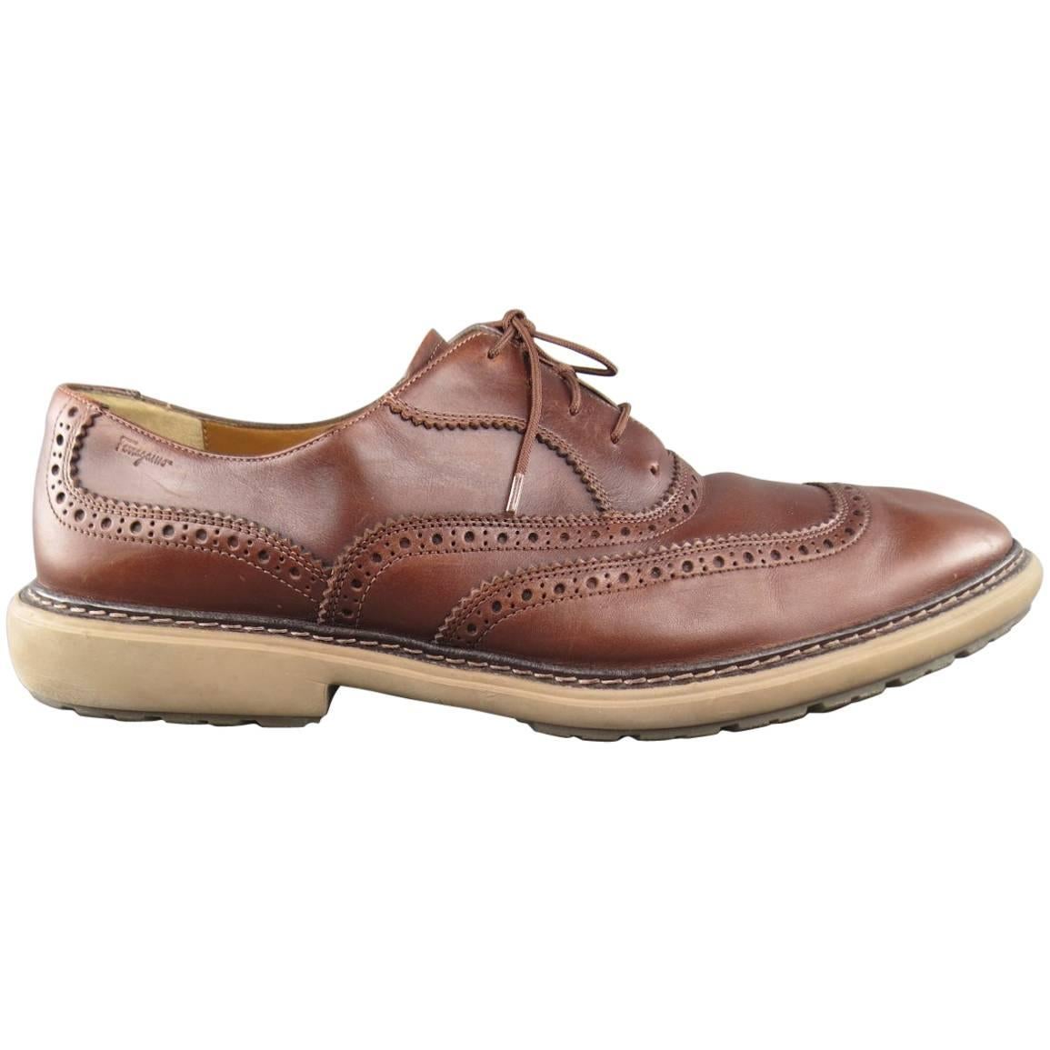 SALVATORE FERRAGAMO Shoes - Brogues Size 11 Brown Leather Rubber Sole Lace Up