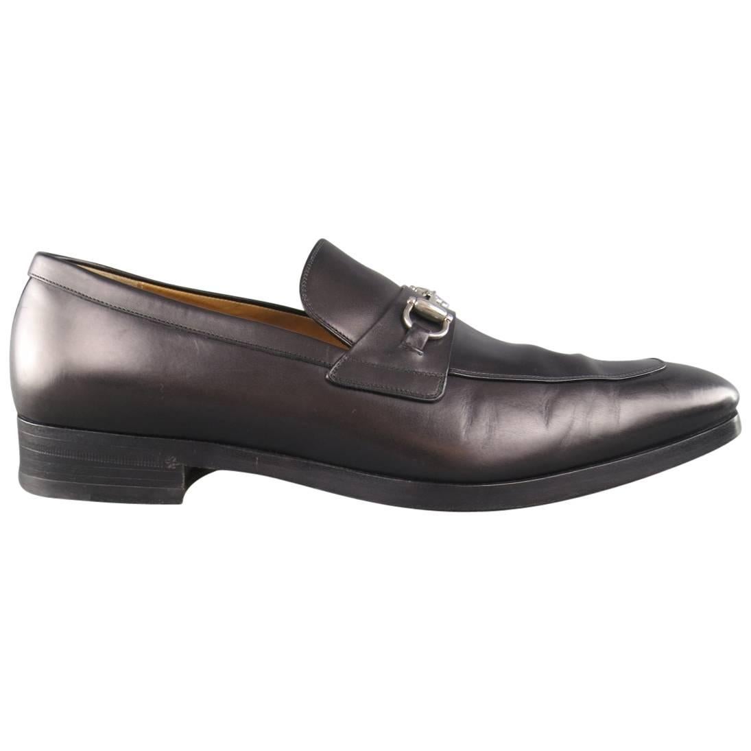 Men's GUCCI Size 11 Black Leather Silver Horsebit Loafers