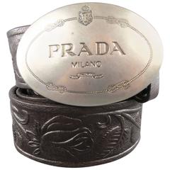 PRADA Size 40 Brown FLoral Embossed Leather Silver Logo Buckle Belt