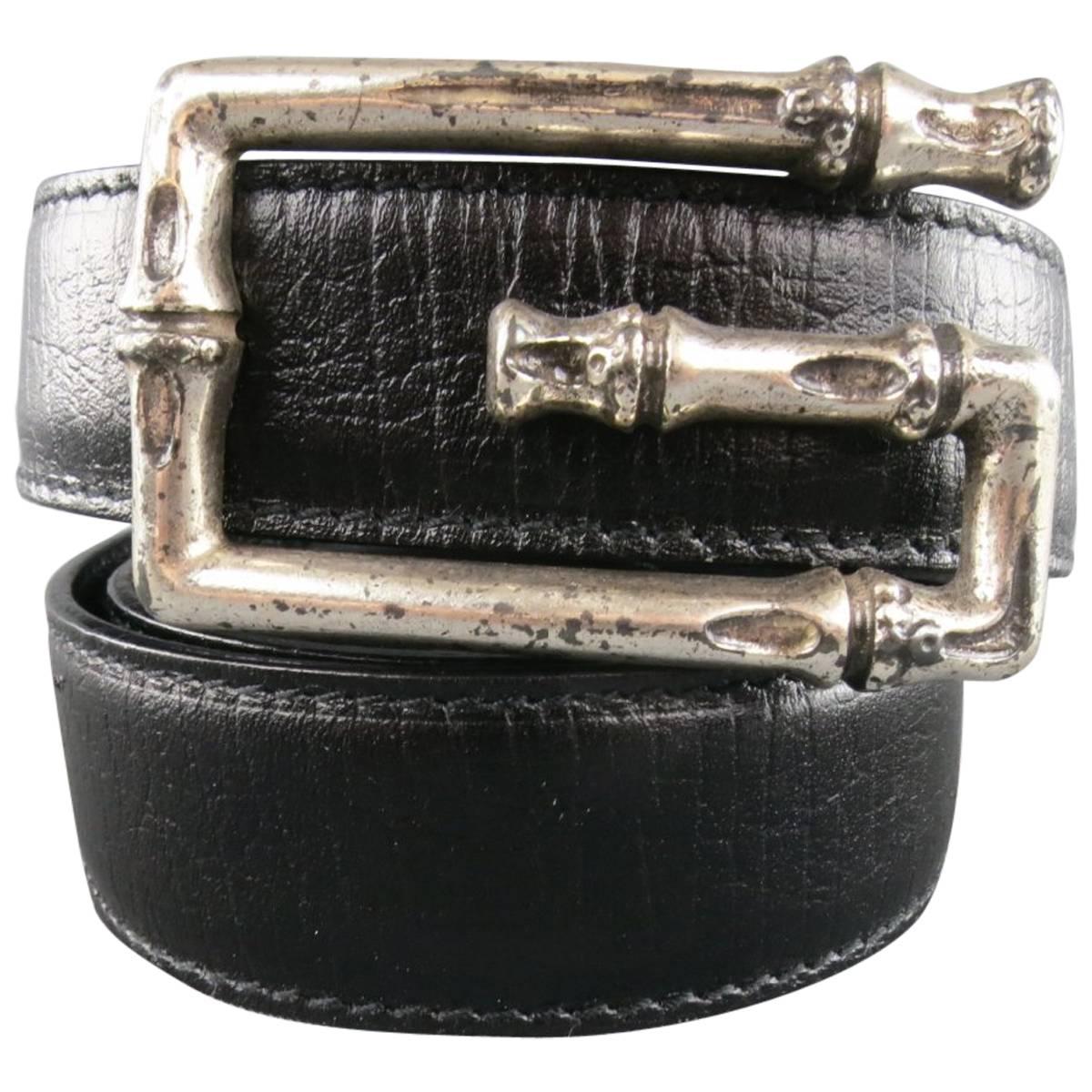 GUCCI Size 34 Black Leather Silver Bamboo G Buckle Belt