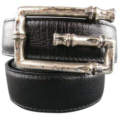 GUCCI Taille 34 Ceinture à boucle G en cuir noir et bambou argenté