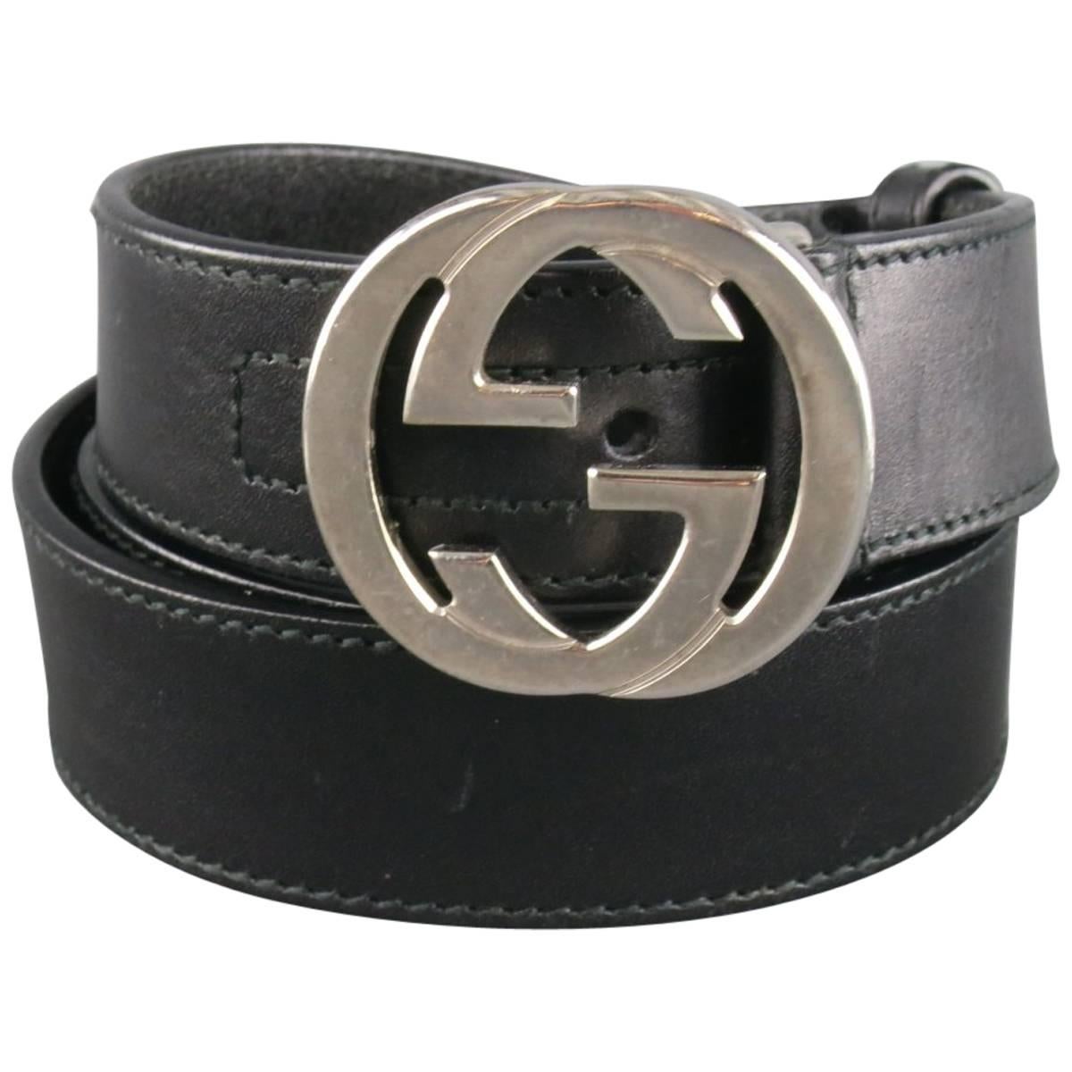 GUCCI Size 36 Black Leather Mini Silver Double G Buckle Belt