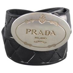 PRADA Size 42 Black Woven Leather Silver Oval Logo Buckle Belt
