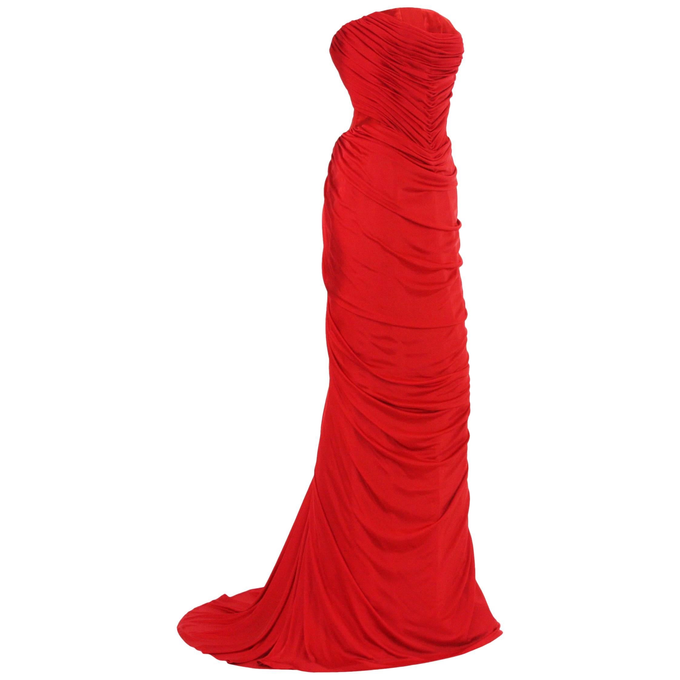 New Gianni Versace Couture 90's Lipstick Red Jersey Embellished Dress Gown 4
