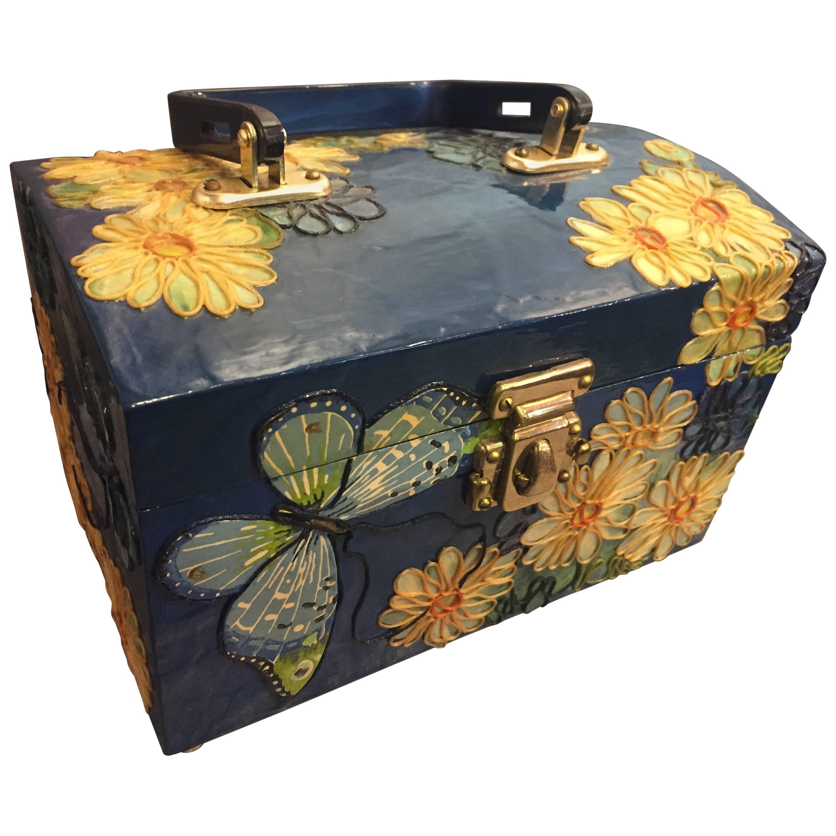 1960s Wooden Box Purse w Painted and Applied Flowers & Butterflies 