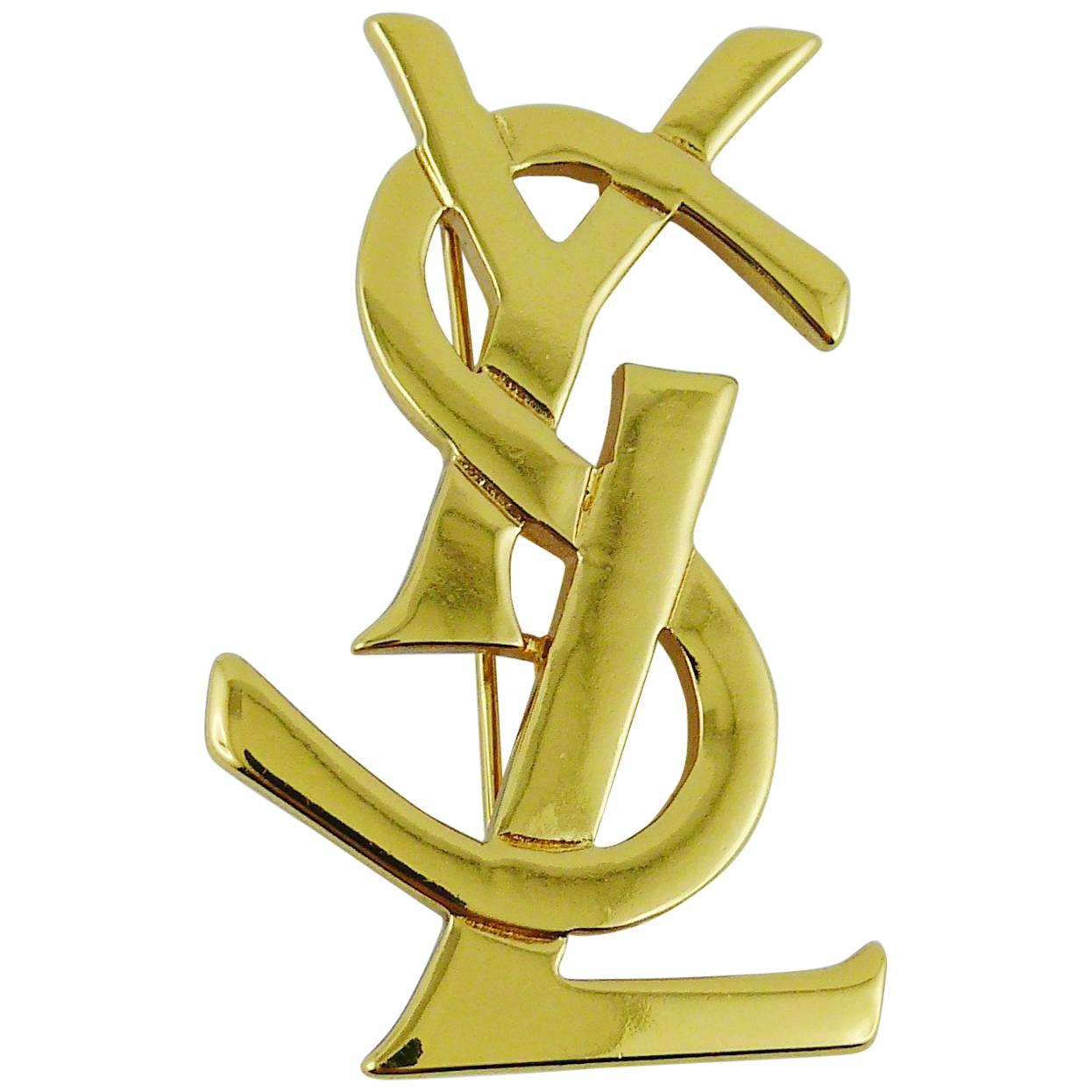 Yves Saint Laurent YSL Gold Toned Logo Brooch