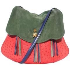 Rare Hermes Shoulder Flap Bag 2 ways 3 colors 3 material Ostrich Doblis Leather 