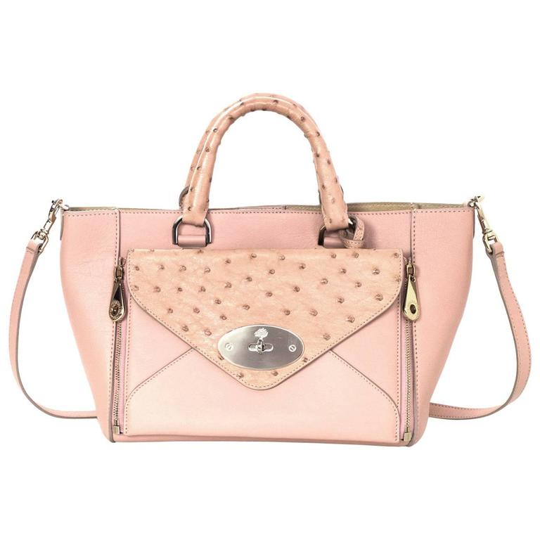 Mulberry Pink Leather and Ostrich Small Convertible Willow Tote Bag w/  Strap For Sale at 1stDibs