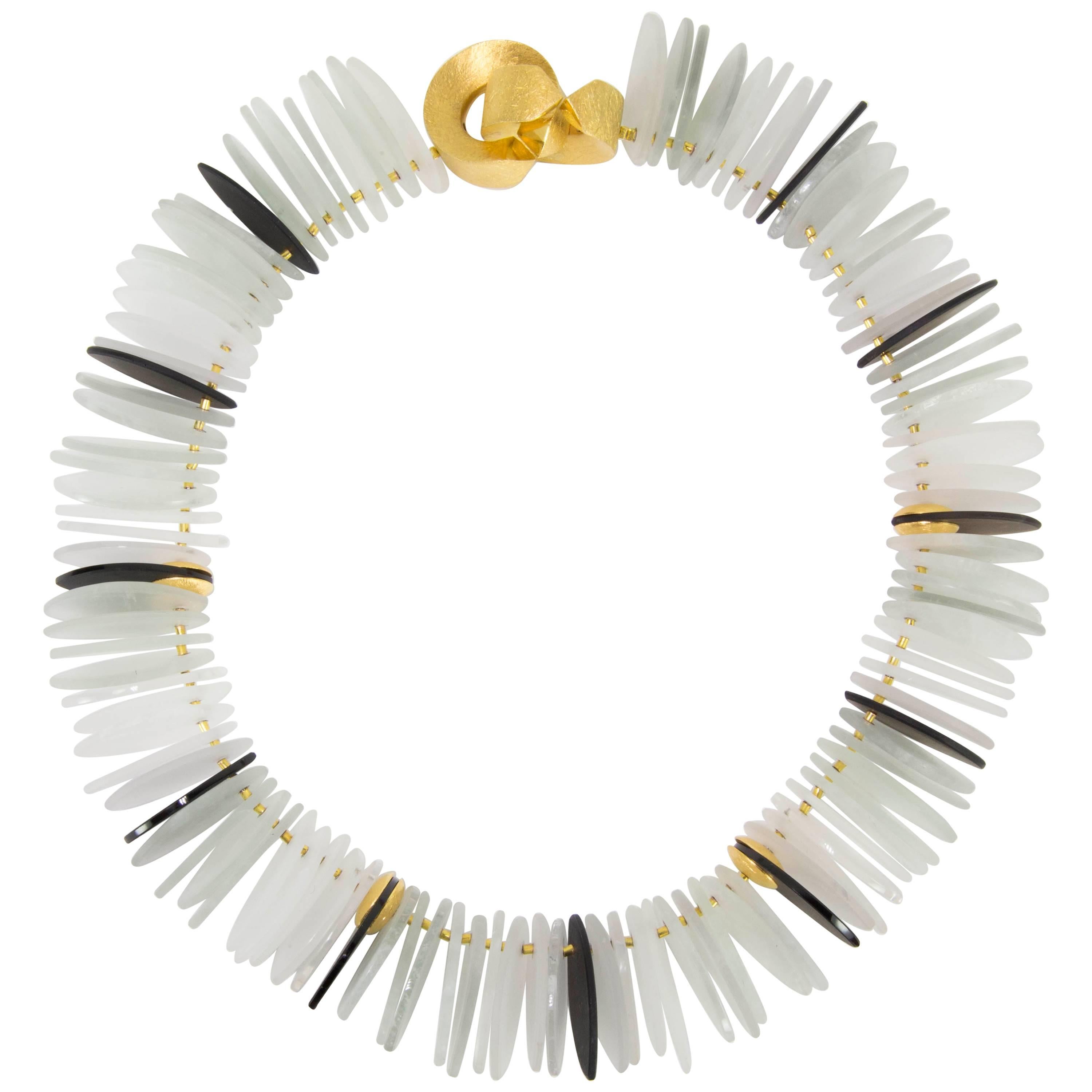Striking Black Obsidian and Crystal Gilt Sterling Silver Runway Necklace