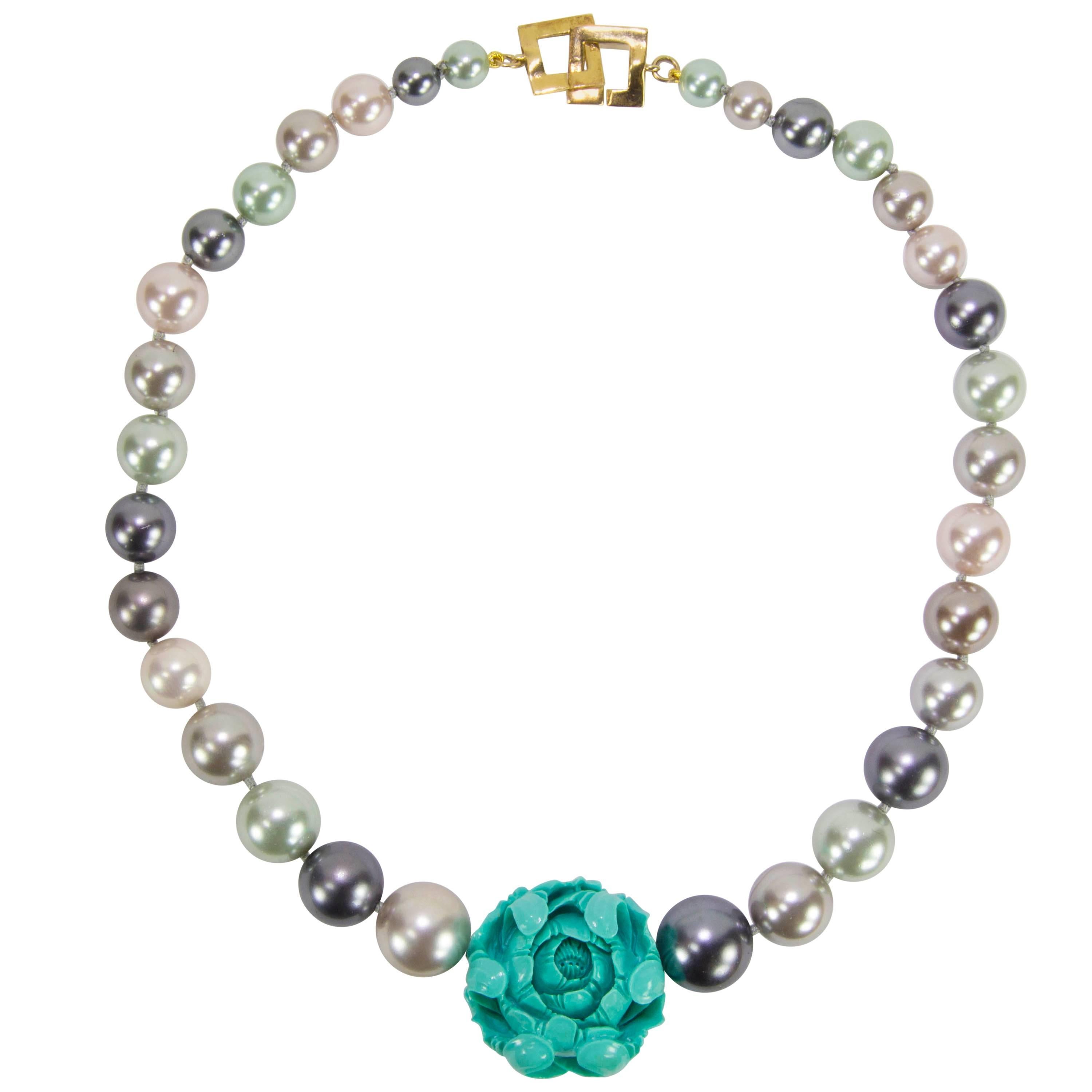 Sriking Faux Pearl and Carved Turquoise Flower Runway Necklace