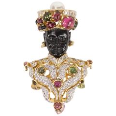 Runway Blackamoor Gem Stone Gilt Sterling Silver Brooch Pin 8