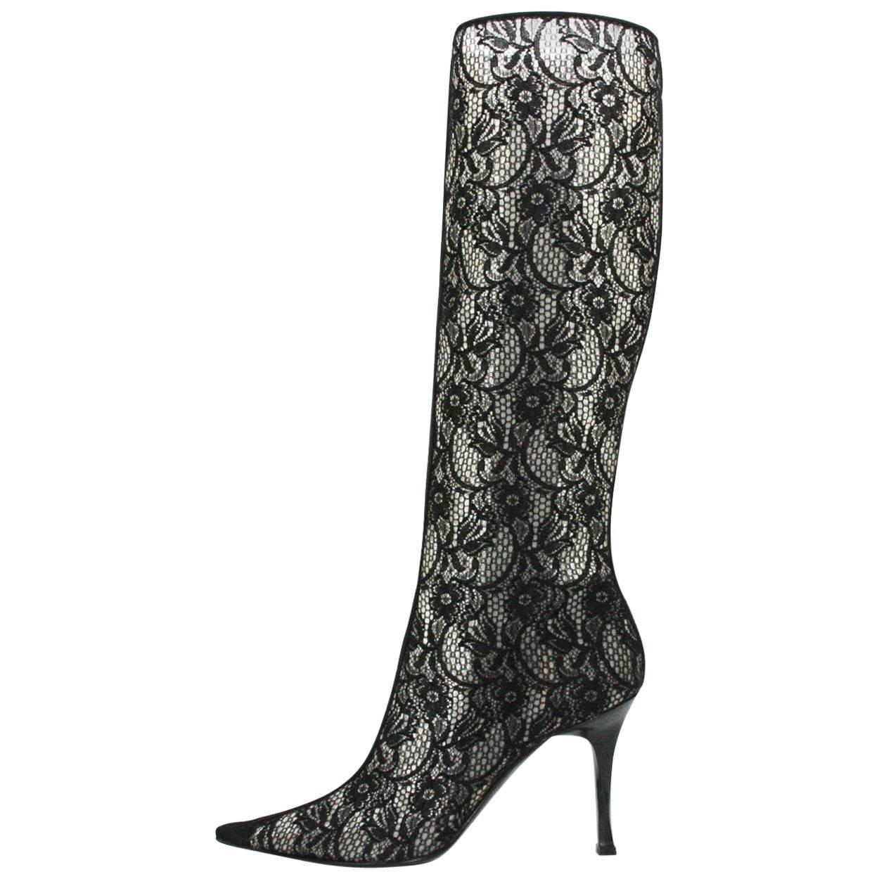 New CASADEI Lace Black Twisted Heel Boots size 9