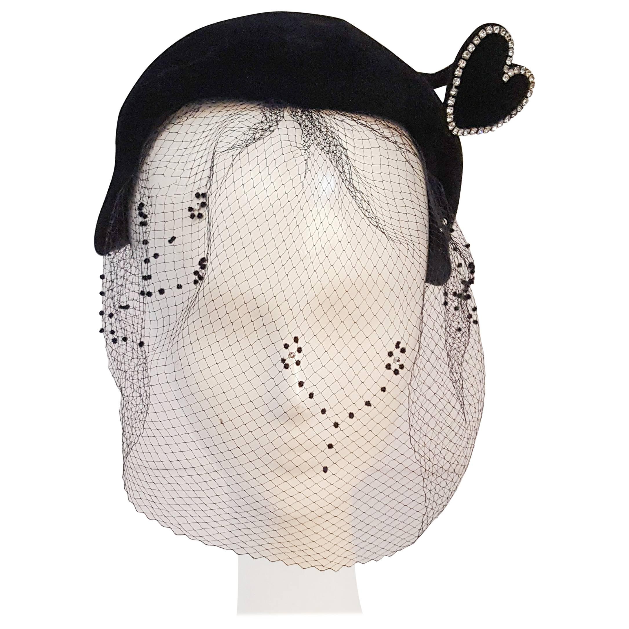 1950s Black Velvet Hat with Rhinestone Heart Embellishment and Veil