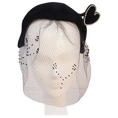 Vintage 1950s Black Velvet Hat with Rhinestone Heart Embellishment and Veil