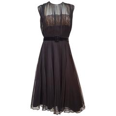 1950s Sheer Micro Pleat Dress w/ Lace Bodice