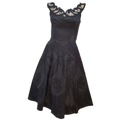 Vintage 1950s Black Beaded Cocktail Dress w/ Lace Detail