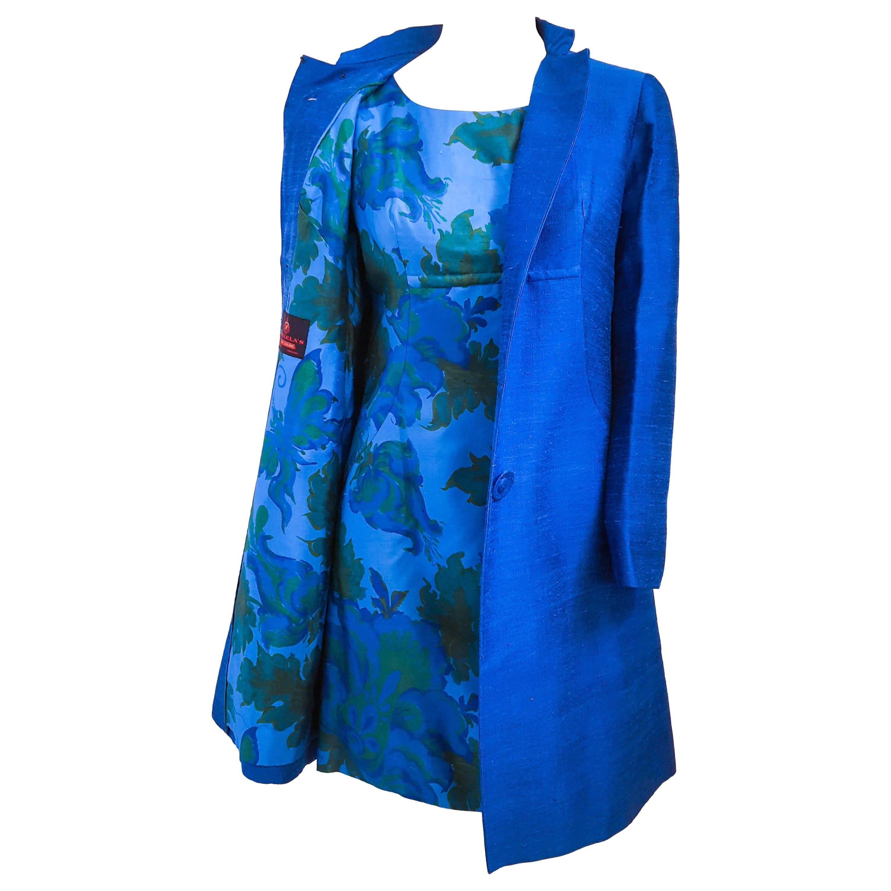 1960s Blue Floral Mini Dress and Coat Set For Sale