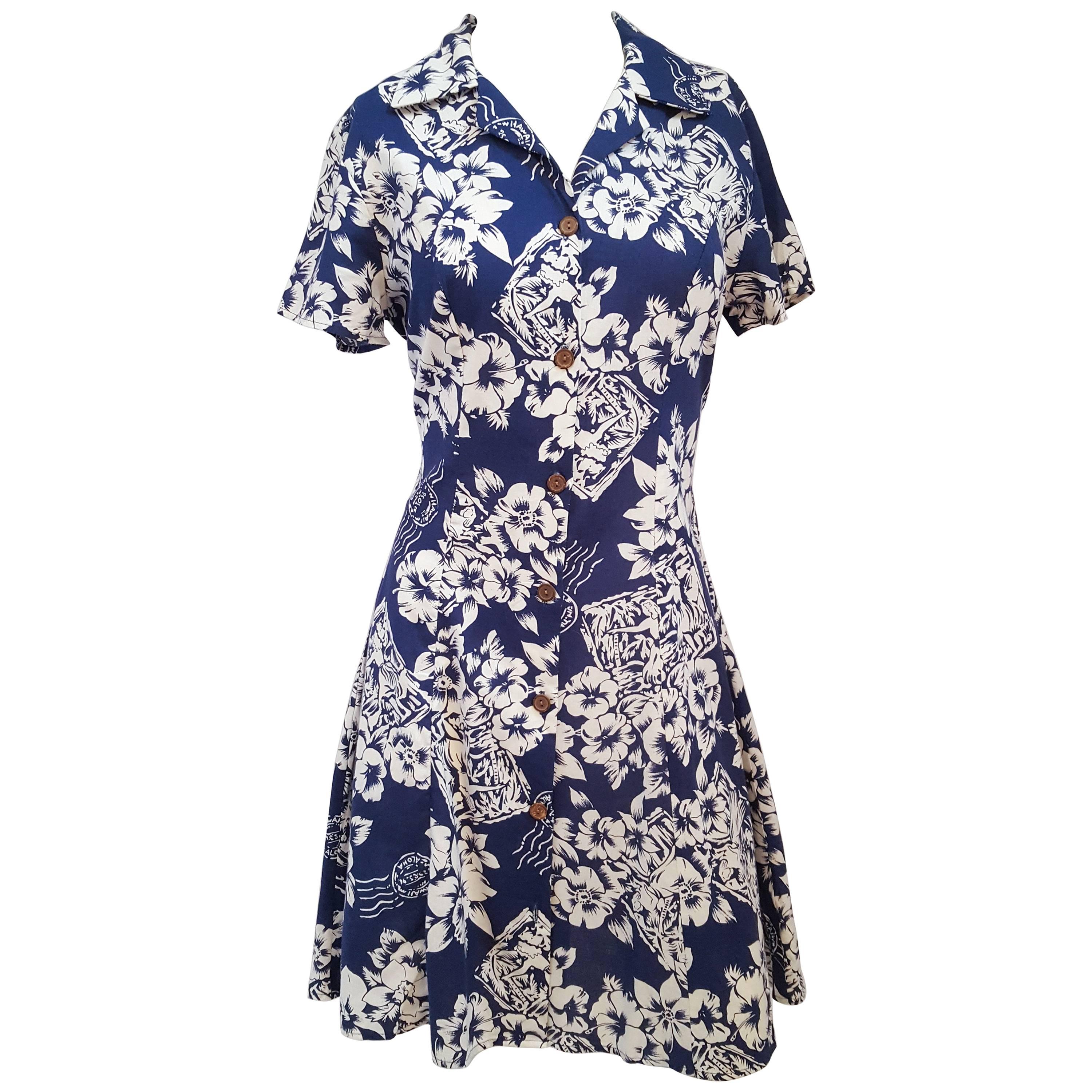 1980s Blue Hawaiian Print Shirt Dress For Sale