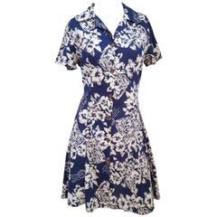 1980s Blue Hawaiian Print Shirt Dress