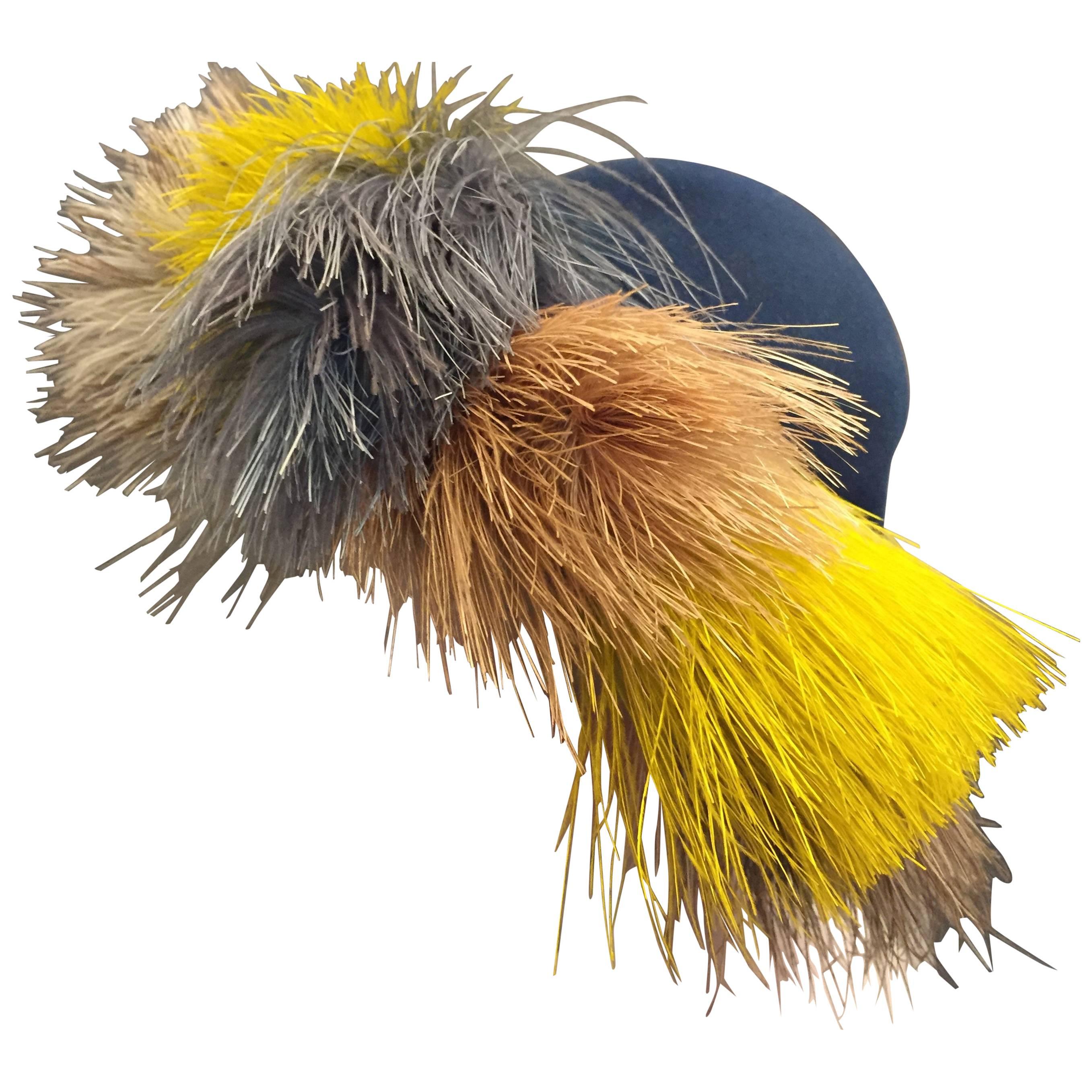 1940's Bes-Ben Slate Blue Felt Hat w Crown of Multi-Color Feathers 