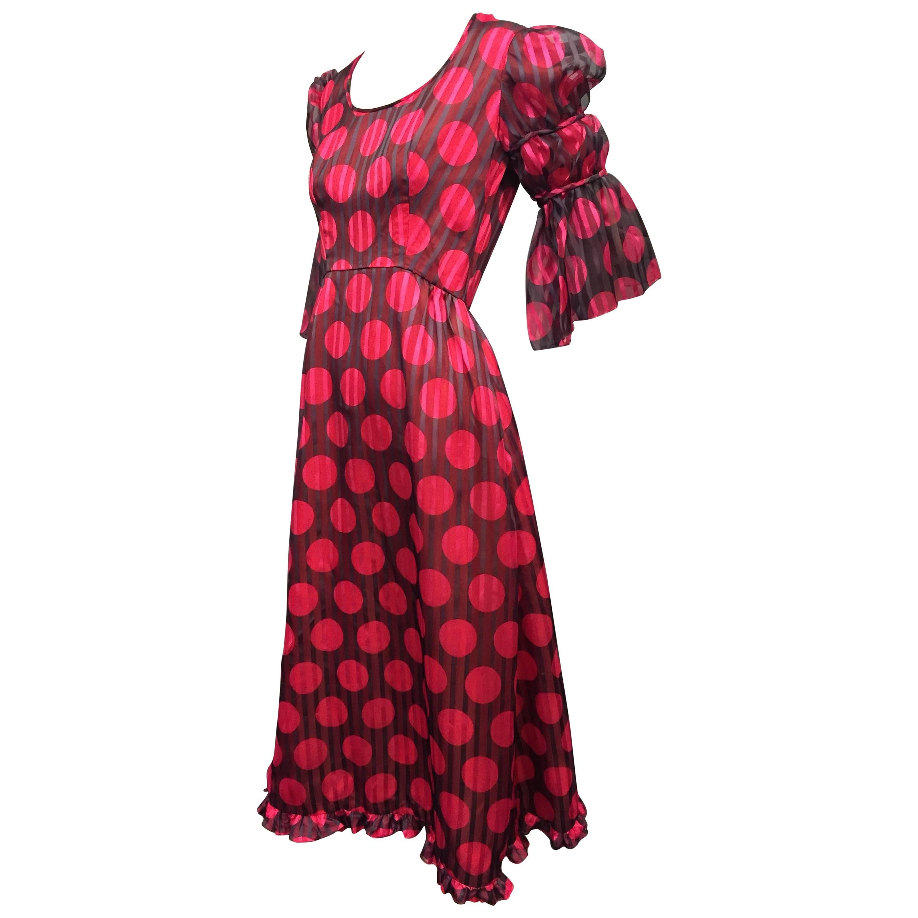 1960's Sarmi Polka Dot Silk Juliette Sleeve Midi Dress  
