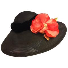 1950's Noreen Black Sheer Wide Brim Hat w/ Red Poppy & Braided Velvet Band