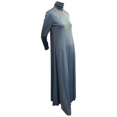 1970s Liquid Blue Jersey Maxi Dress w Sequined Bodice and High Neck 6