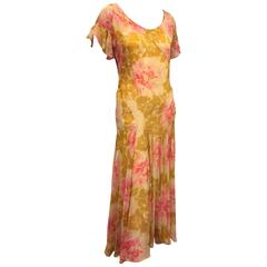 1930's Spring Floral Print Silk Chiffon Tea Dress
