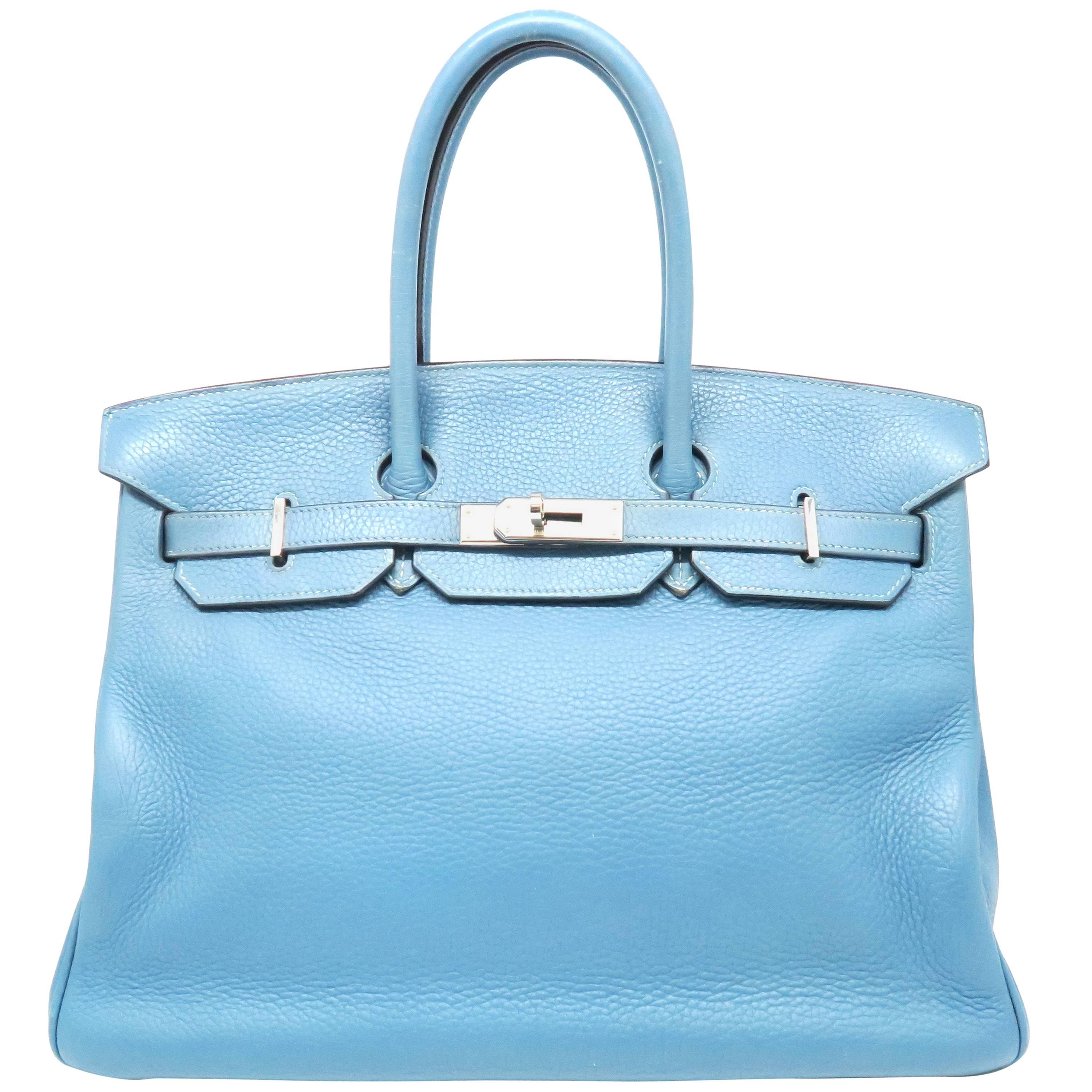 Hermes Birkin 35 Bleu Jean Blue Clemence Leather Silver Metal Top Handle Bag For Sale
