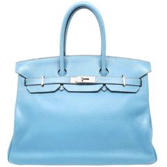 Hermes Birkin 35 Bleu Jean Blue Clemence Leather Silver Metal Top Handle Bag
