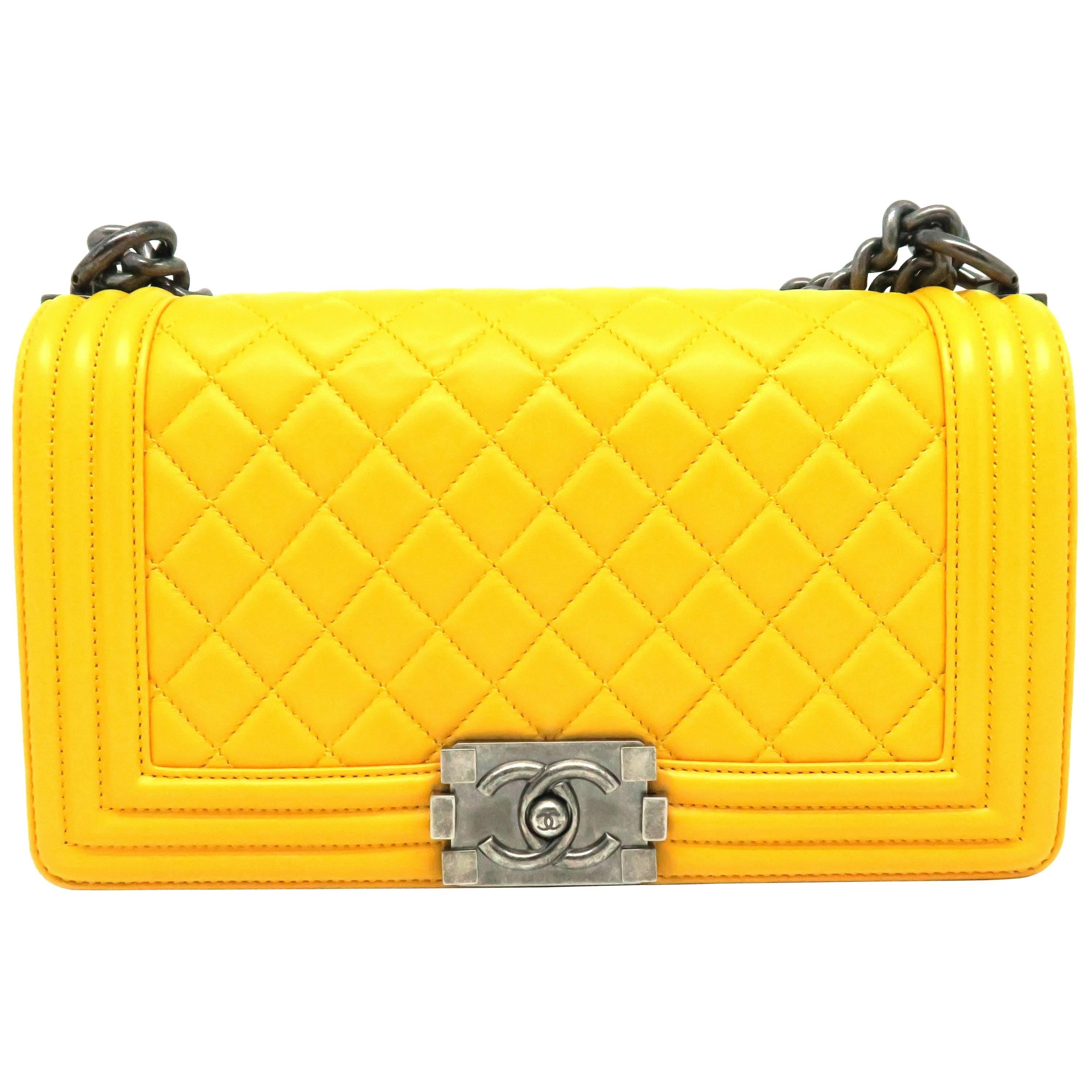 Chanel Boy Flap Yellow Quilted Calfskin Leather Silver Metal Chain Shoulder Bag