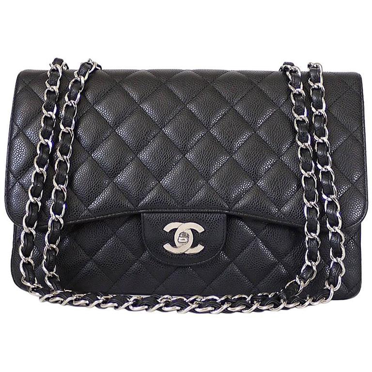 Chanel Black Caviar Jumbo Maxi Classic Flap Bag Silver at 1stDibs