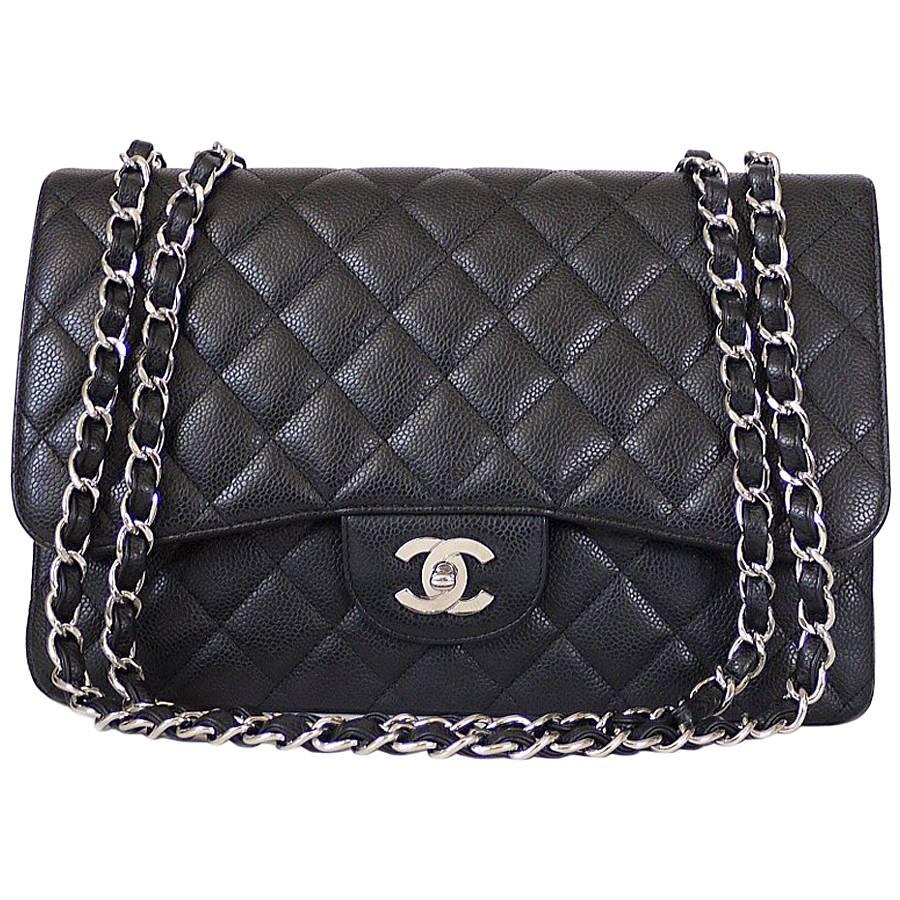 Chanel Black Caviar Jumbo Maxi Classic Flap Bag Silver