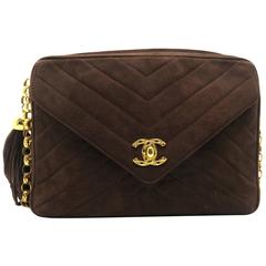 Chanel Vintage Brown Suede Leather Gold Metal Chain Shoulder Bag