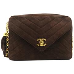Chanel Vintage Brown Suede Leather Gold Metal Chain Shoulder Bag 10
